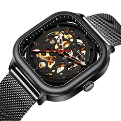 Роскошные черные часы модные мужские s часы лучший бренд механические часы ультратонкая сетка ремешок полый Скелет циферблат часы для