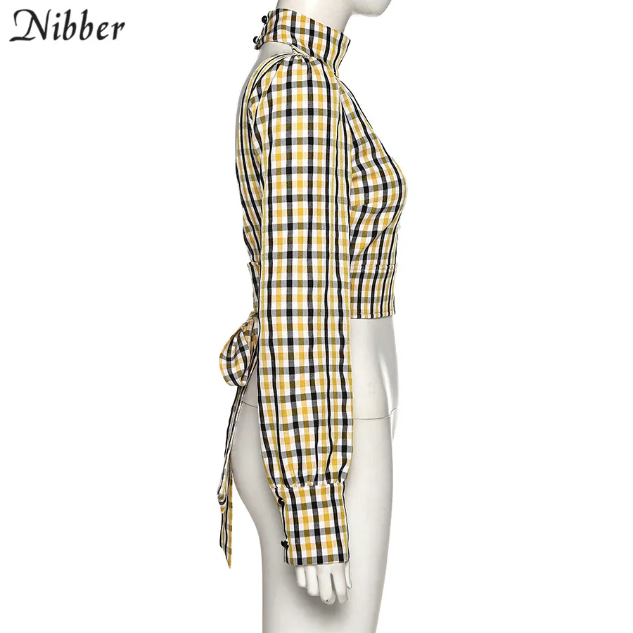 NIBBER Женская Весенняя сетчатая рубашка, сексуальные укороченные топы с открытой спиной, с длинным рукавом, с высоким воротом, Элегантная Модная стильная мягкая Повседневная футболка в винтажном стиле