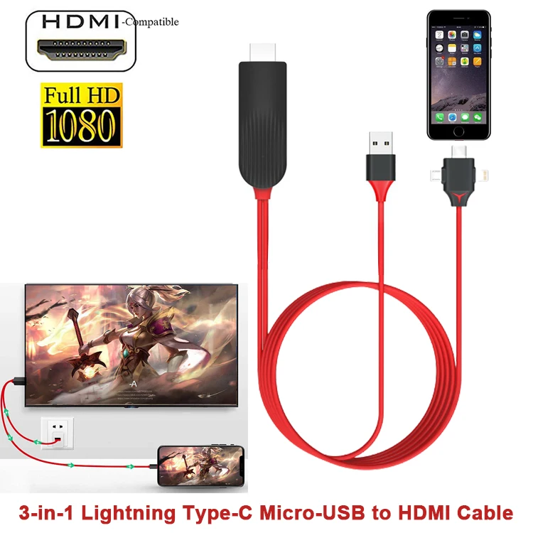 Адаптер 3-в-1 Lightning Type-C Micro USB-HDMI 1080P HD цифровой AV-конвертер для IPhone Android планшетов