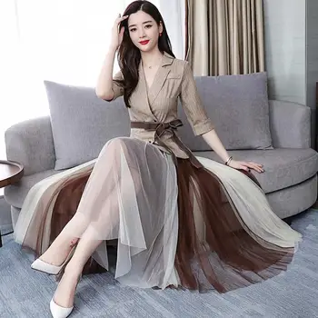 

2019 Women 2 Pcs Sets Autumn Double-breasted Blazer+Pleated Mesh Long Skirts Suits Summer OL Suits Office Sets 2 Pieces Sets
