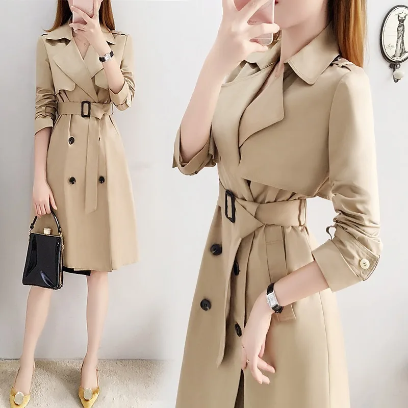 

Windbreaker Polyester Casual Full Turn-down Collar Long Coat Women Double Breasted Minimalist Pure Ladies Coats Less Is More