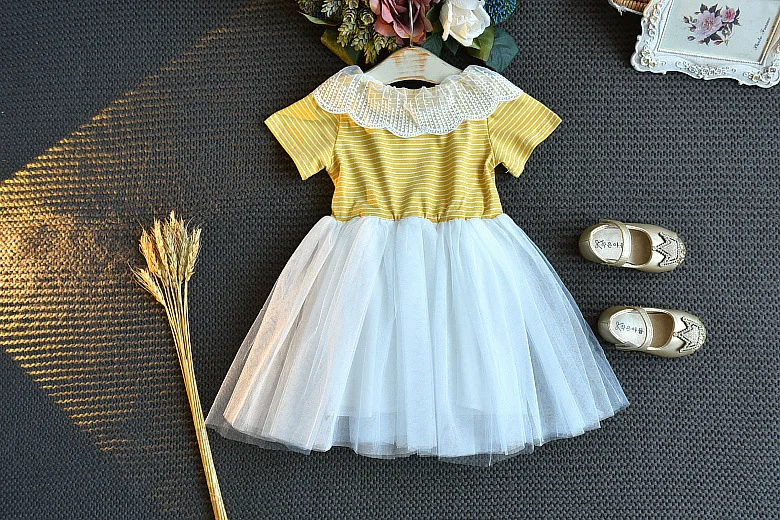Sodawn Summer Baby Girl Clothes Kids Dress Lace Children Dress Collar Stripe Mesh Princess Party Girl Dress
