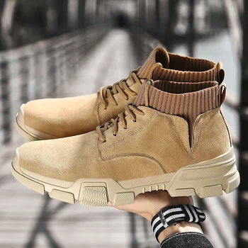 

2020 Spring Autumn Leather Shoes For Men High Top Casual Mens Sock Shoes Brown Youth Fashion Sneakers Good Quality Walking Shoe