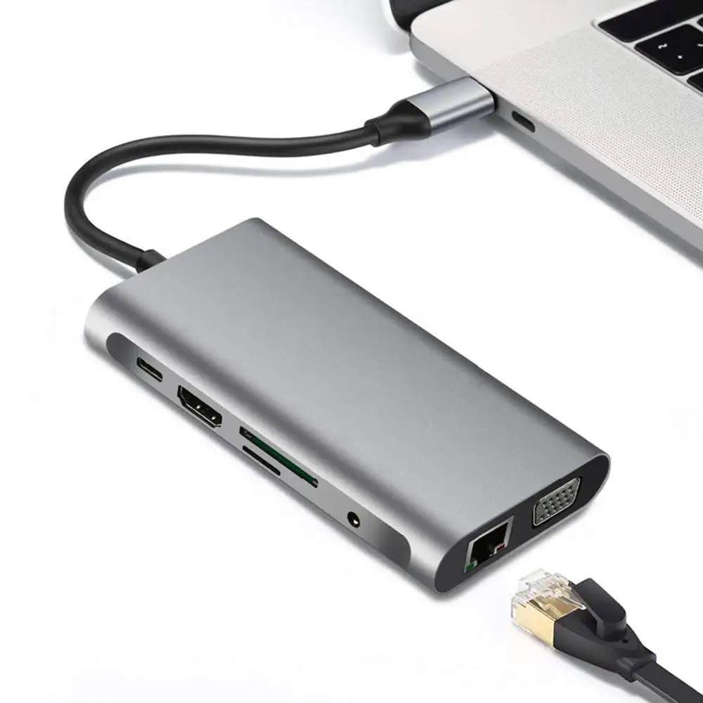 Tebe usb-хаб C 10 в 1 Thunderbolt 3 type C адаптер док-станция 3 USB 3,0 порт 4K HDMI 1080P VGA RJ45 Gigabit Ethernet для Macbook Pro