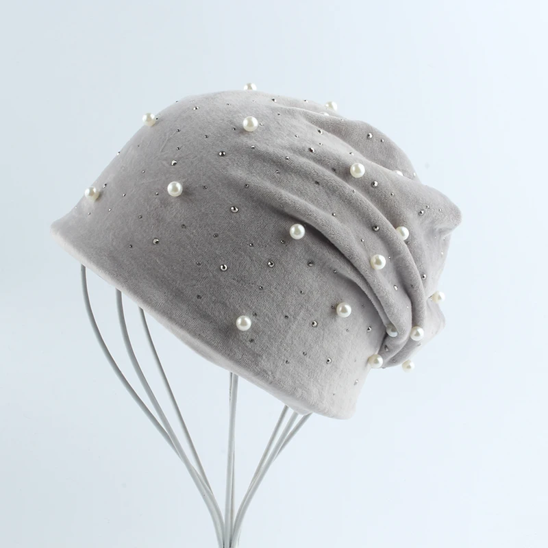 Новинка, модные женские шапки Skullies Beanies, жемчужные стразы, женская шапка, зимние женские шапки, мягкие теплые бархатные шапки