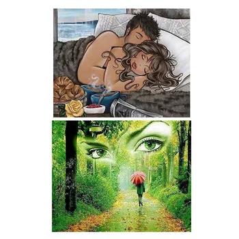 

2 Set 5D DIY Diamond Painting Cross Stitch Round Rhinestone Home Decoration,Sleeping Lovers & Natural Forest Girl