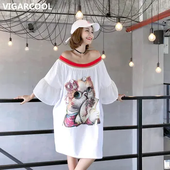 

Tide brand word collar t-shirt dress2020 spring summer bare shoulders cartoon cat high-quality mid-length sexy loose dress women