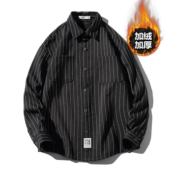 

Men's Shirt Man Fashion Casual Thick Striped Double Pocket Shirt Black Plus Velvet Thickening Shirt Plus Size M-5XL Y2048