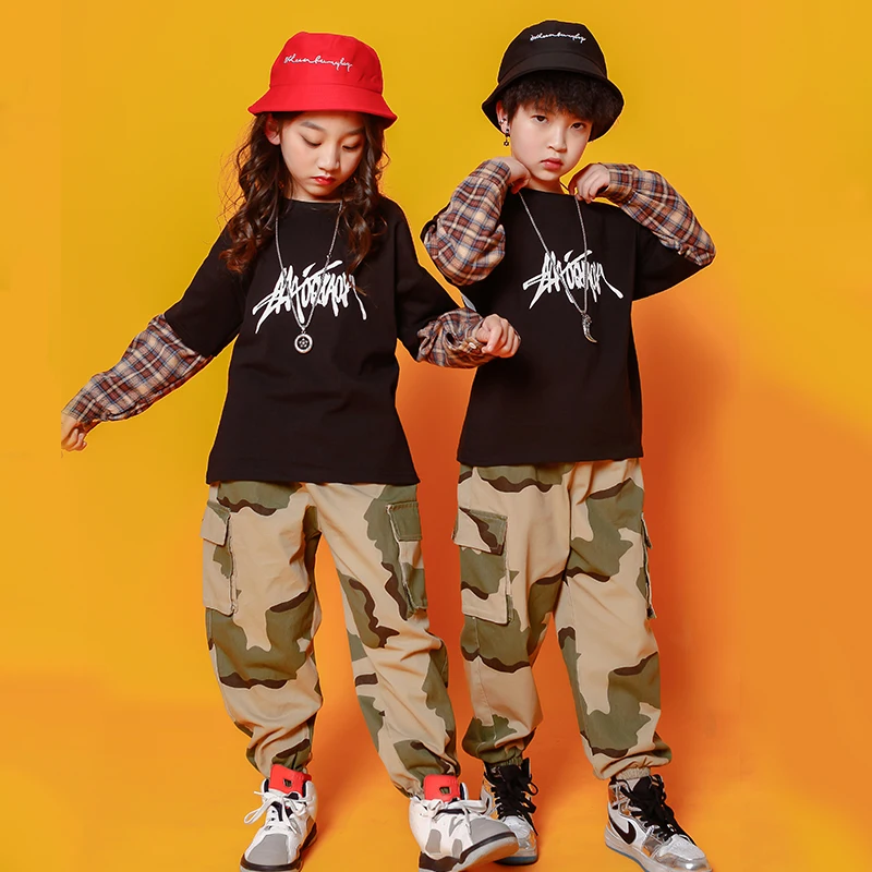 Kids Fashion Print Sweatshirt Tops Running Casual Hip Hop Camouflage Pants Clothing Girls Boys Jazz Dance Costume Clothes