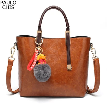 

CHISPAULO New Style Fashion Handbags Casual Brown Tote bags Crossbody Bag TOP-handle bag With Hairball