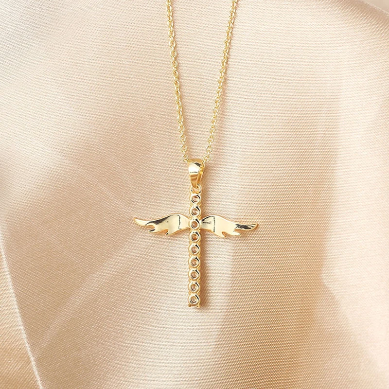 JUWANG Hot Sale Angle Wing Cross Christian Prayer Necklace Unisex Copper Plated Gold Zircon Collares Choker Accessories
