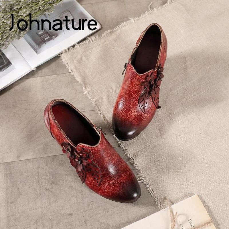 Women Pumps Shoes Genuine Leather Pumps Women Shoes Autumn Zip Retro Casual Round Toe Flower Handmade