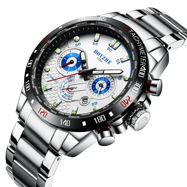 Мужские автоматические светящиеся часы из нержавеющей стали, водонепроницаемые спортивные механические часы, мужские многофункциональные часы с 3D циферблатом - Цвет: Белый