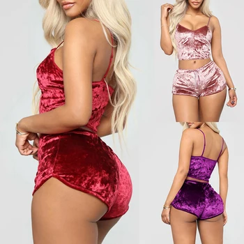 

US Fashion Women 2pcs Velvet Sleepwear Sexy Spaghetti Strap Velvet Shorts Pajama Set Ladies Sleepwear female Pajama Party Set