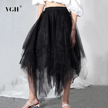 

VGH Elegant Asymmetircal Skirt Women High Waist Mesh Ruffles Loose Irregular Hem Skirts Female Fashion Clothes 2020 Summer Tide