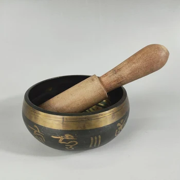 

Elaborate Chinese Tibetan Copper Buddha Mantra Singing Beating Bowl with Wood Stick