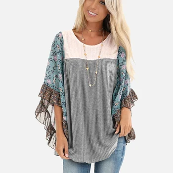 

Plus Size O Neck Waffle Boho Women's T-shirt Splice Print Bat Half-Sleeve Tshirts Female 2020 Spring Fashion Casual Ladies Tops