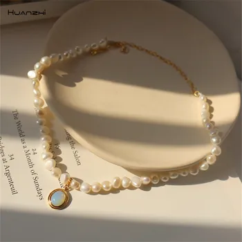 HUANZHI 2020 New Baroque Freshwater Natural Pearl Moonstone Pendant Necklace Geometric Irregular for Women Girls Party Jewelry