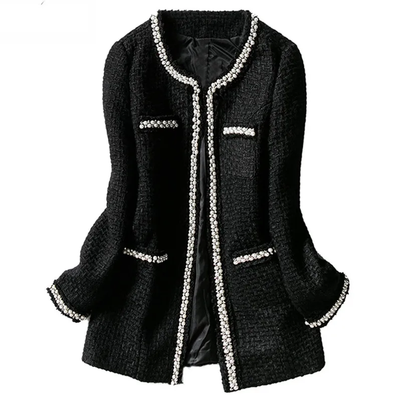 Black Beaded Tweed Coats And Jackets Women Round Collar Long Sleeve High Street Woolen Coat Long Jacket Casaco Feminino Female - Цвет: Black