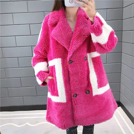 Granules Sheep Shearing Coat Female Winter Fashion new Long Color Matching Compound Fur One Imitation Wool Fur Coat Tide - Цвет: rose Red