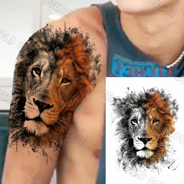 Tatouage temporaire Lion aquarelle 3D grande taille pour hommes adultes, tigre réaliste, autocollant de transfert, Art corporel 5