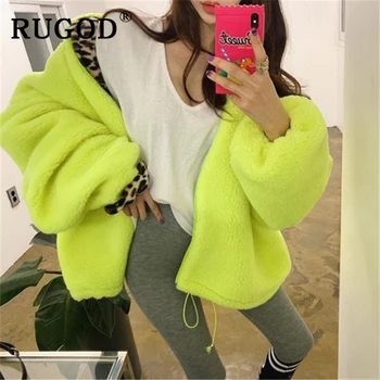 

RUGOD Korean chic fleeced coat women Elegant solid loose zipper cotton outwear femme 2019 Vintgae winter warm leopard velet coat