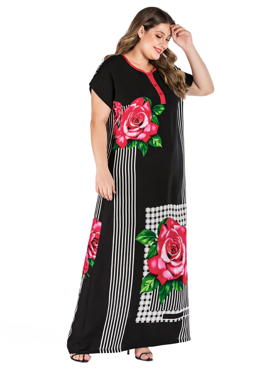 Plus Size Tribal Botanical Print Boho Dress Women Summer Tunic Short Sleeve Straight Shift Geometric Maxi Dresses VKDR1821