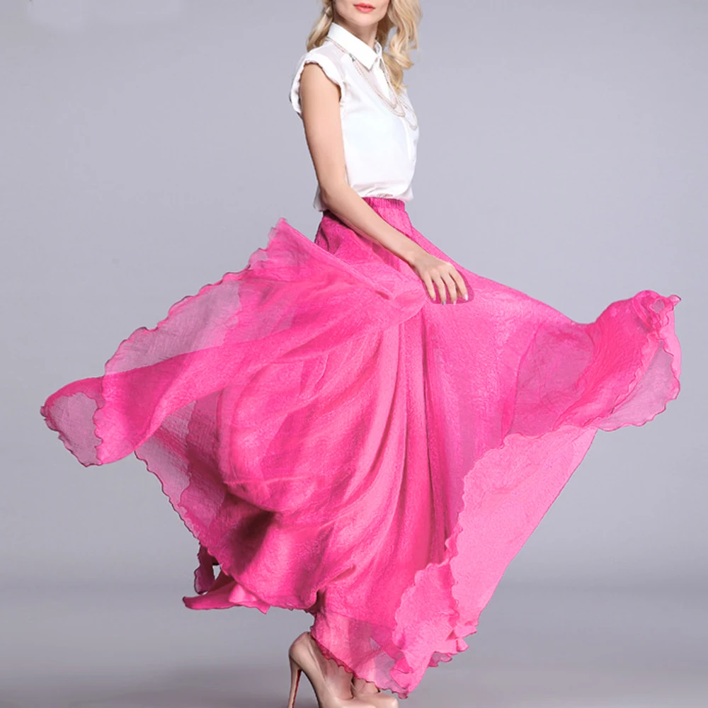 Elegant Chiffon Long Skirts Women Summer High Waist A line Flowy