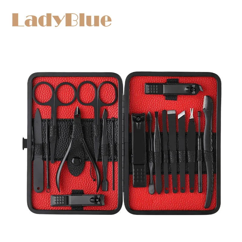 

18pcs/set Nail Clippers Kit Pedicure Care Tools Black Men Grooming Kit With Black PU Leather Case for Travel Home