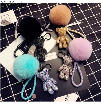 

Quality Cartoon Rhinestone Bear Doll Keychain Creative Woven Rope Rex Rabbit Hair Ball Keychain Bag Charm LoversAccessories Gift