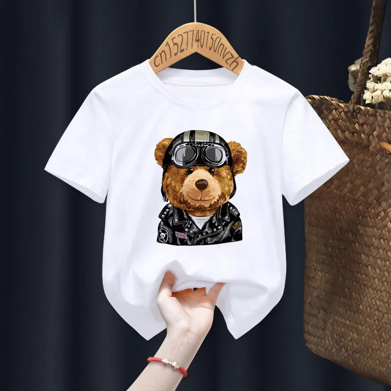 Funny Bear Riding Motorcycle Print Boy Girl White T-shirt Kid Summer Harajuku Kawaii Funny Little Baby Y2K Clothes,Drop Ship