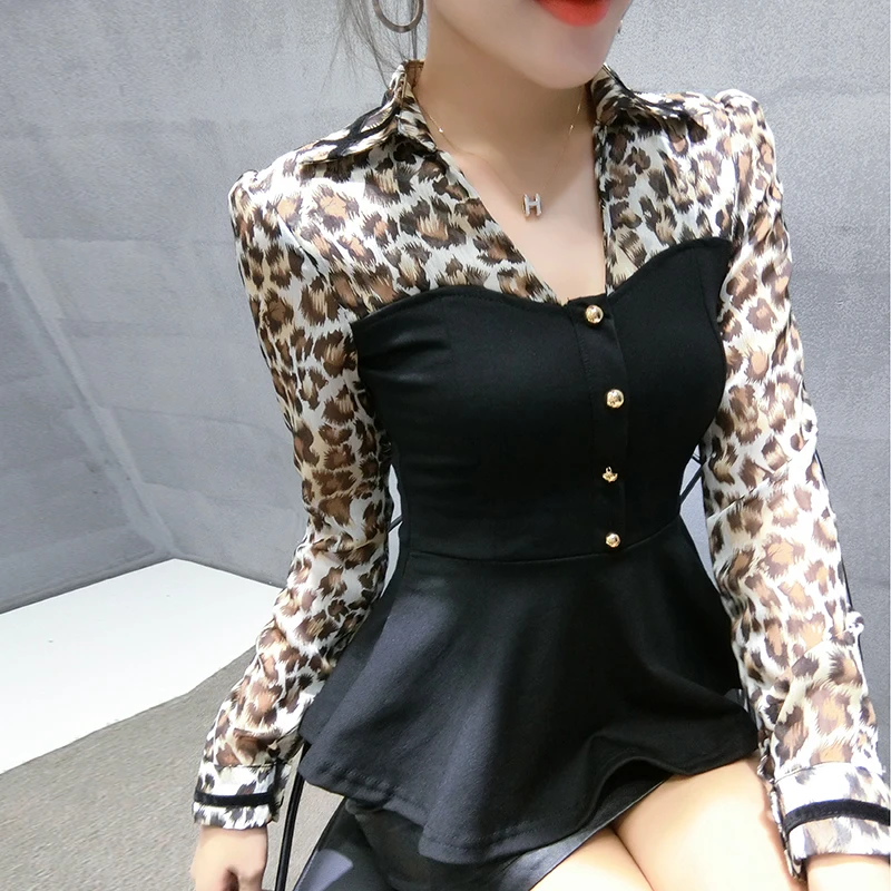Леопардовая женская блузка, пэчворк, имитация двух частей, v-образный вырез, Пеплум с оборками, тонкая талия, длинный рукав, новая осенняя рубашка, женские топы T98491