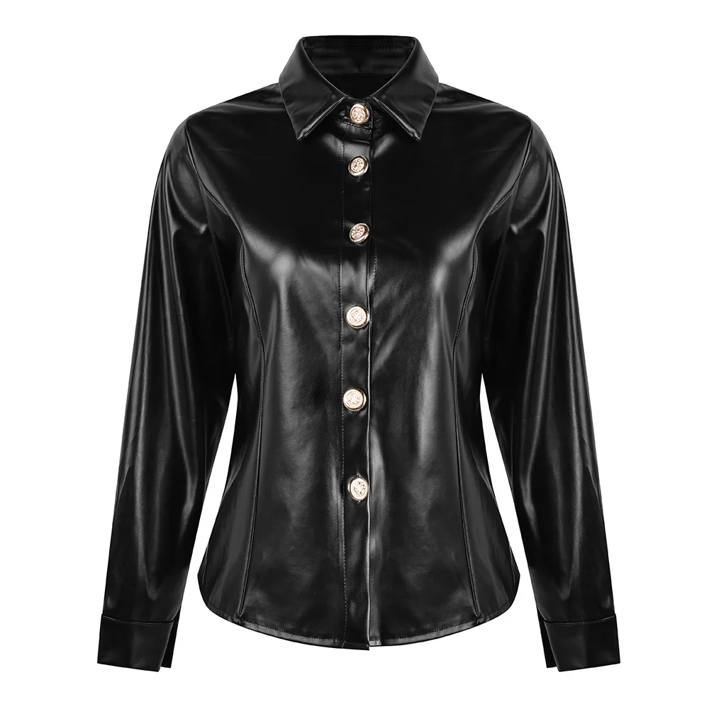 Fashion Faux Leather Blouse Women 