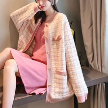 Клетчатый свитер, женский длинный кардиган, зимний Корейский стиль, Осенний женский модный свободный высококачественный кашемировый вязаный жакет
