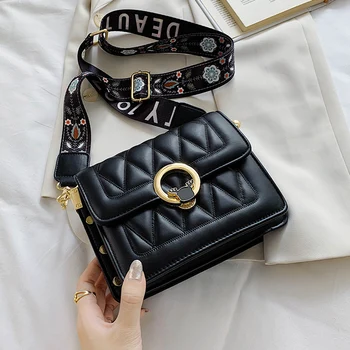 

2020 New Wide Shoulder Strap Bags PU Leather Chains Single Small Square Bags High Quality Fashion Women Messenger Crossbody Bag