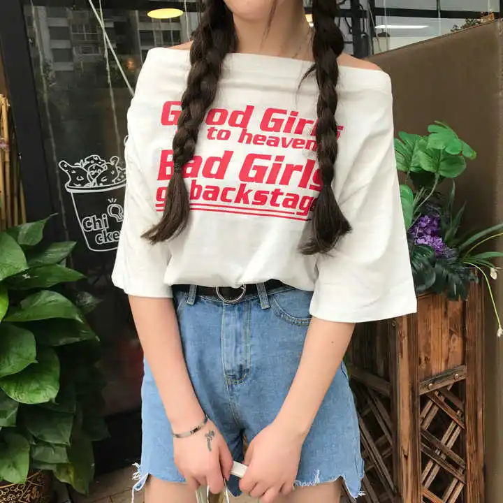

852 # Spring Summer New Style Horizontal Neck Lettered Printed Short Sleeve T-shirt Women's South Korea Ulzzang Loose-Fit