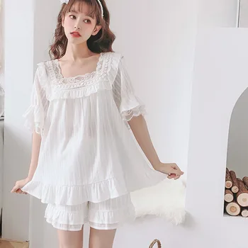 

Tender Cotton short sleeve Pajamas Set shorts Full Nightwear square Neck pijamas women Summer 2Pcs Sleepwear lace Home Clothes