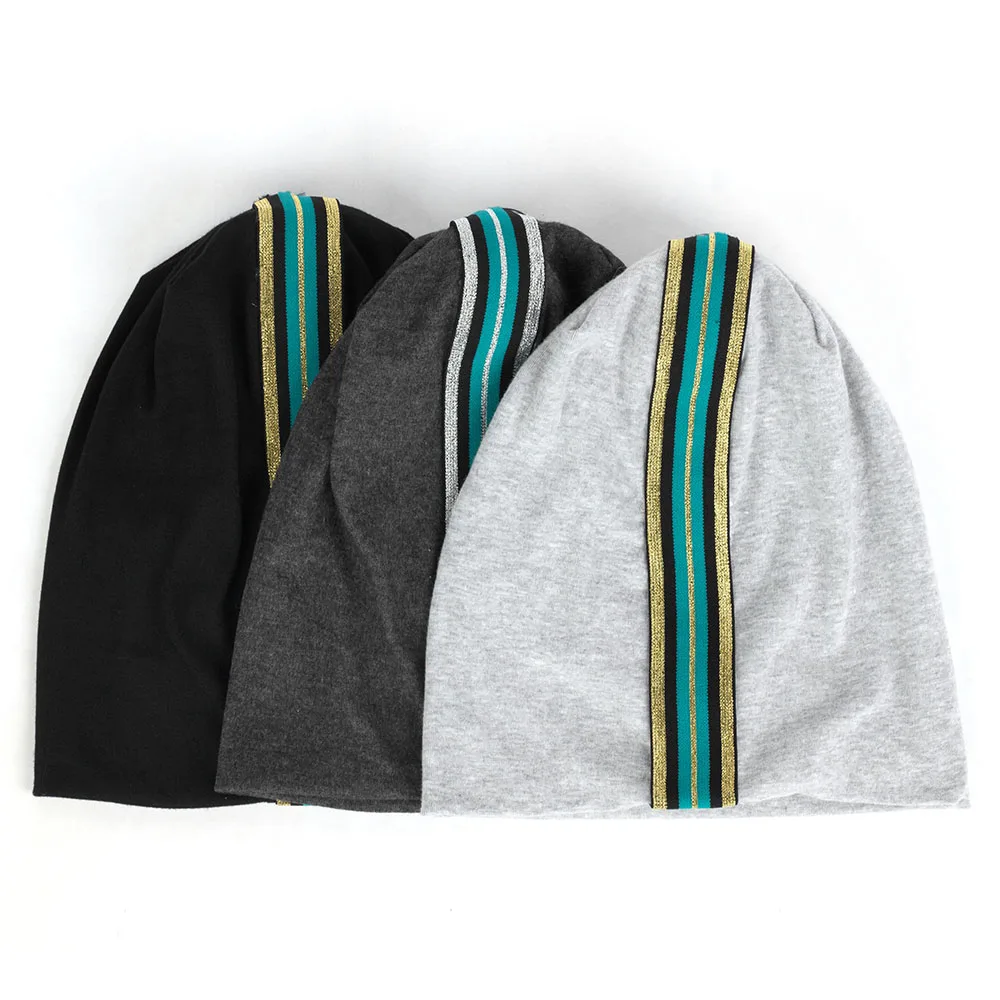 

Cotton Soft Gold Silver Ribbon Beanies Women Elastic Solid Color Strap Knitting Skullies Beanie Outdoor Windproof Hip Hop Hats