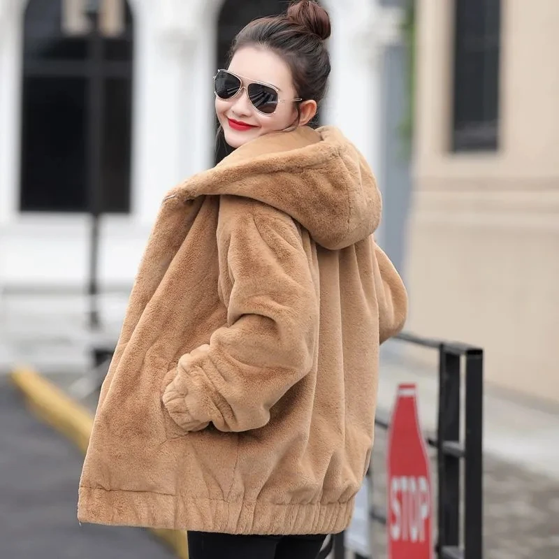 

Winter Thickened Women Faux Fur Coat Solid Color Hooded Loose Rabbit Fur Jacket Oversized Female Warm Imitation Mink Outerwear