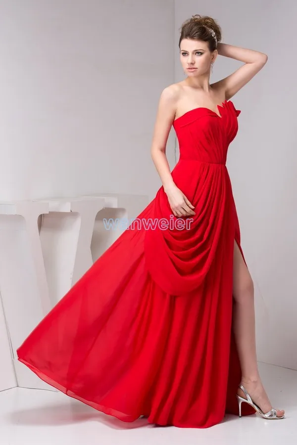 Robe de soiree поступление Коралловое платье модный дизайн плиссированные открытые ноги настоящий красный сексуальный Пол Длина шифон Длинные свадебные платья