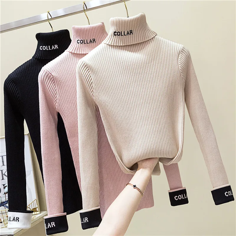 

Taotrees Elegant Turtleneck Full Sleeve Pullovers Women Letter Print Slim Thick Sweaters