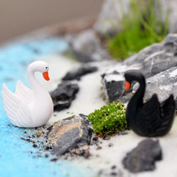 

2pc/lot Black White Swan Figurine decoration mini fairy garden animals statue miniature Home Desk ornaments resin craft