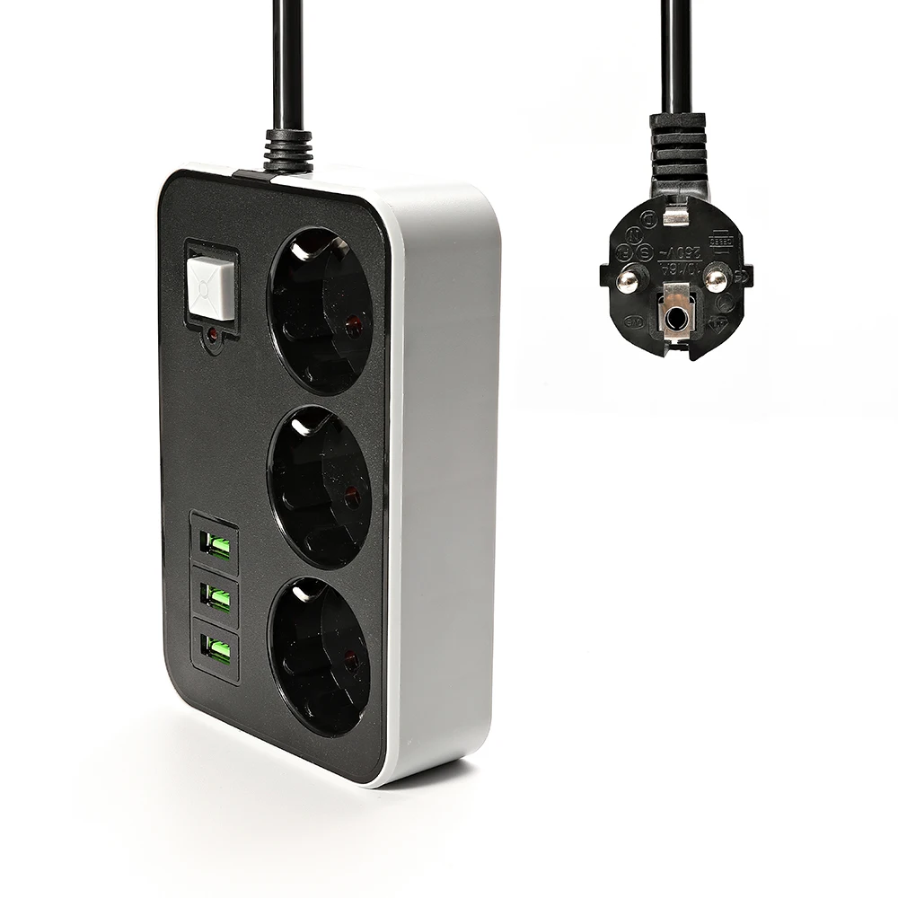 Smart plug-in power board 110-250V2500W charging socket with 3 USB2 round pins EU RUS plug extension cord socket multi-purpose