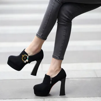 

YMECHIC 2018 Large Size Flock Spring Summer Platforms Extreme High Heels Pumps Crystal Buckle Party Office Dress Shoes Woman