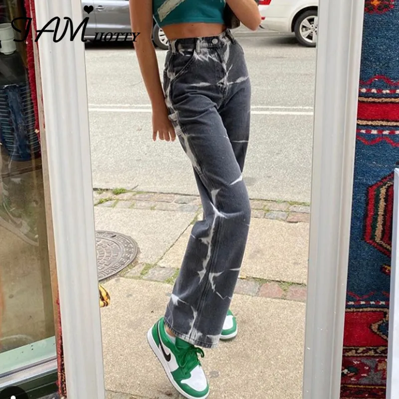 Iamhotty-pantalones vaqueros rectos de cintura alta para mujer, Jeans femeninos de cintura alta, color gris y marrón, Harajuku, holgados, tinte dibujo, informal, Mom, ropa de calle