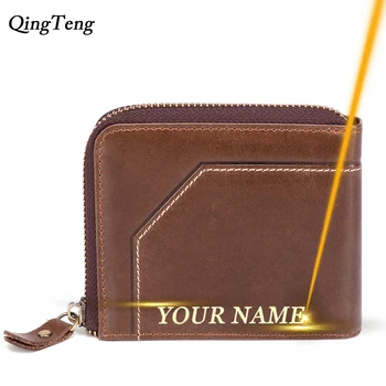 

Engravable Genuine Leather Men Wallet Zipper Coin Purse Card Personalized Small Male Walets Pocket Customized Money Bag Dropship