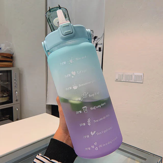 2 Liter Large Capacity Free Motivational With Time Marker Fitness Jugs Gradient Color Plastic Cups Outdoor Frosted Water Bottle 4