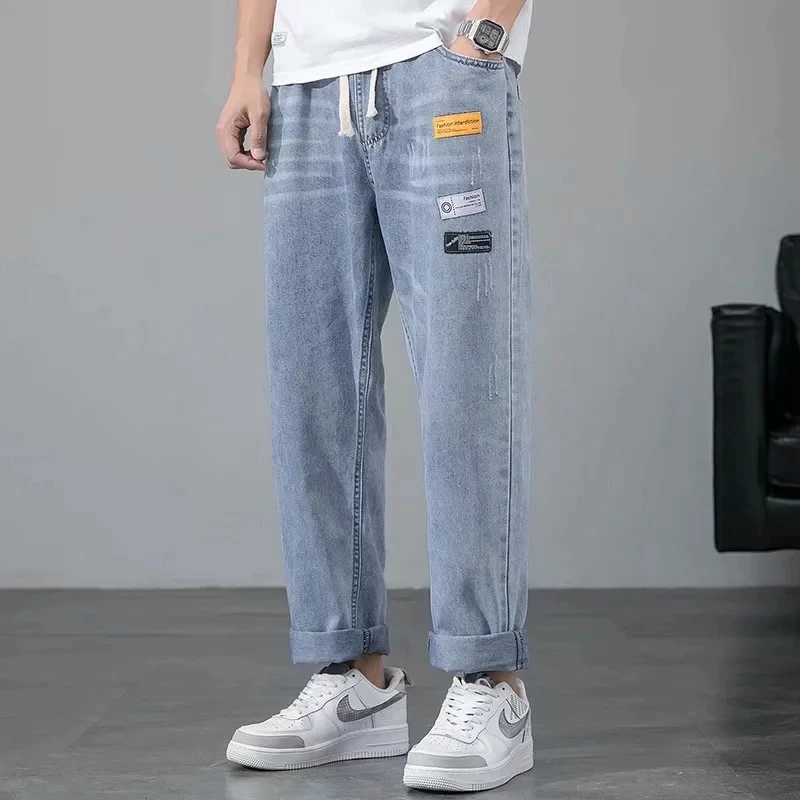 Men's Clothing Slacks Jeans Men Baggy Blue Jeans Elastic Waist Female Casual Streetwear Wide Leg Long Pants|Jeans| - AliExpress