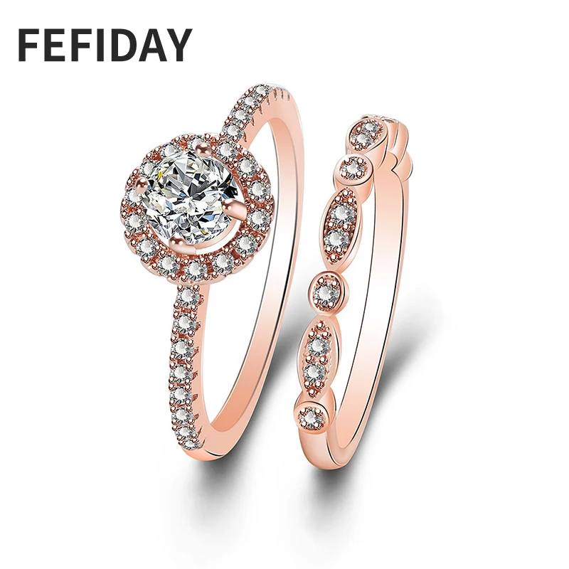 FEFIDAY Eternity Double Zircon Ring With Stone Custom Rose Gold Promise Love Engagement Woman Couple Wedding Set Of Rings | Украшения и