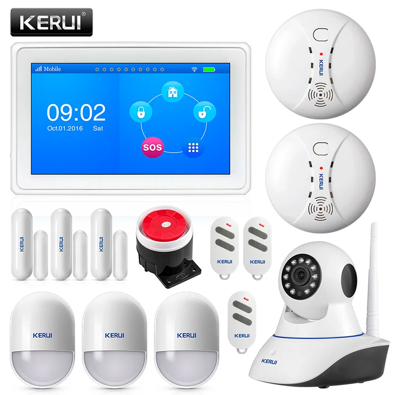 

KERUI K7 WIFI GSM Security Alarm Burglar System 7 Inch TFT Color Display with Door Magnet Motion Smoke Detector and IP camera